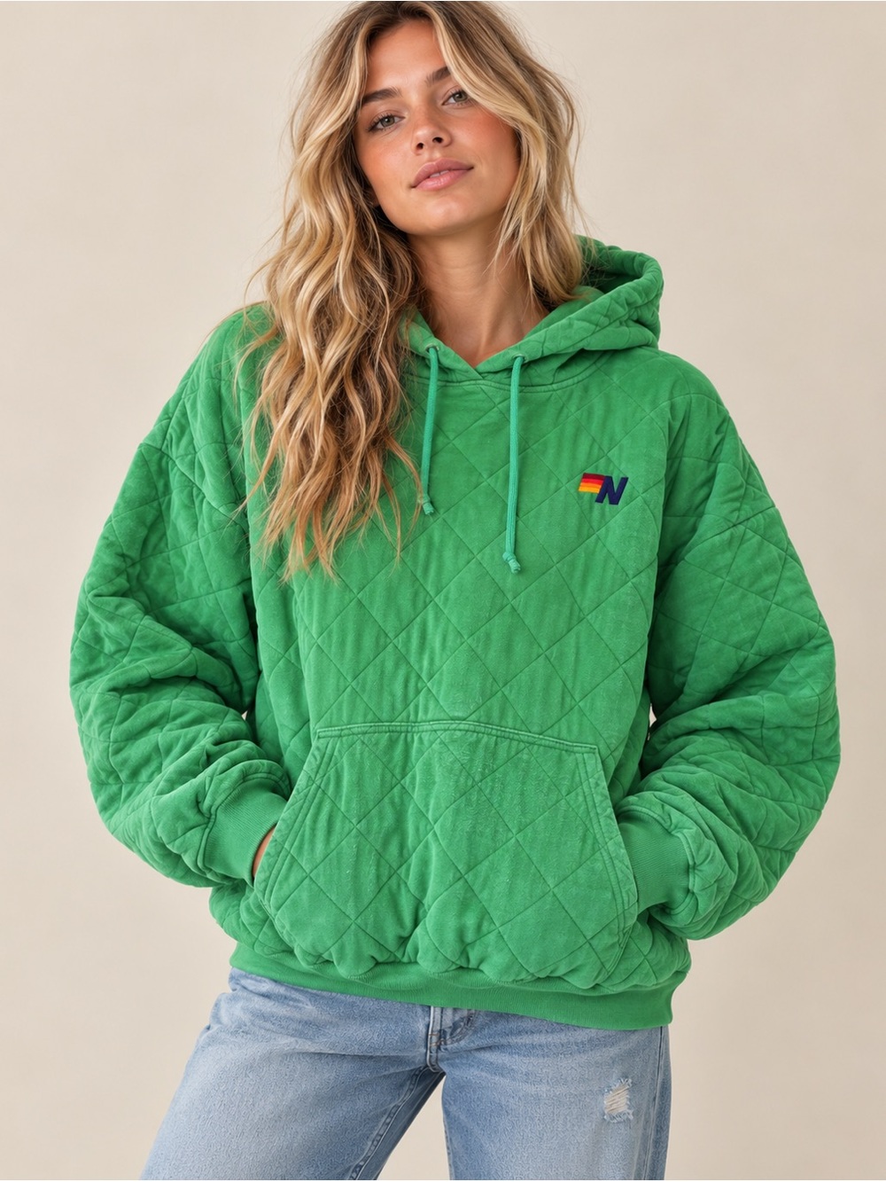 Aviator Nation Bright Green Quilted Pullover Hoodie Rainbow Logo